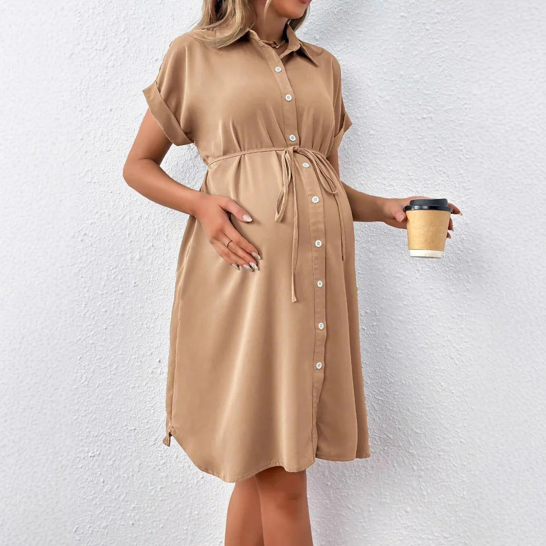 Short Sleeve Button-Down Maternity Shirt Dress – Summer Casual Comfort