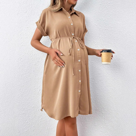 Short Sleeve Button-Down Maternity Shirt Dress – Summer Casual Comfort