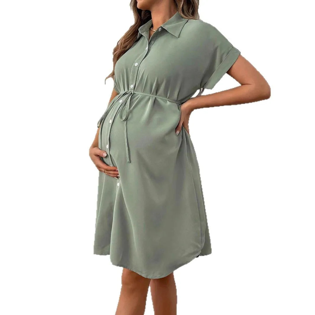 Short Sleeve Button-Down Maternity Shirt Dress – Summer Casual Comfort