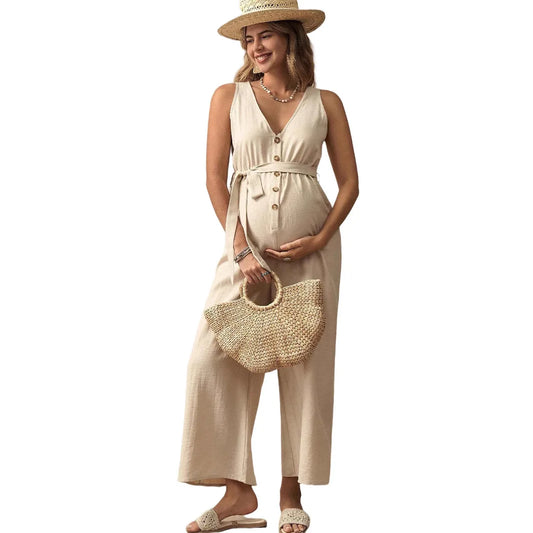 Sleeveless V-Neck Maternity Jumpsuit – Casual Belted Overalls for Pregnancy
