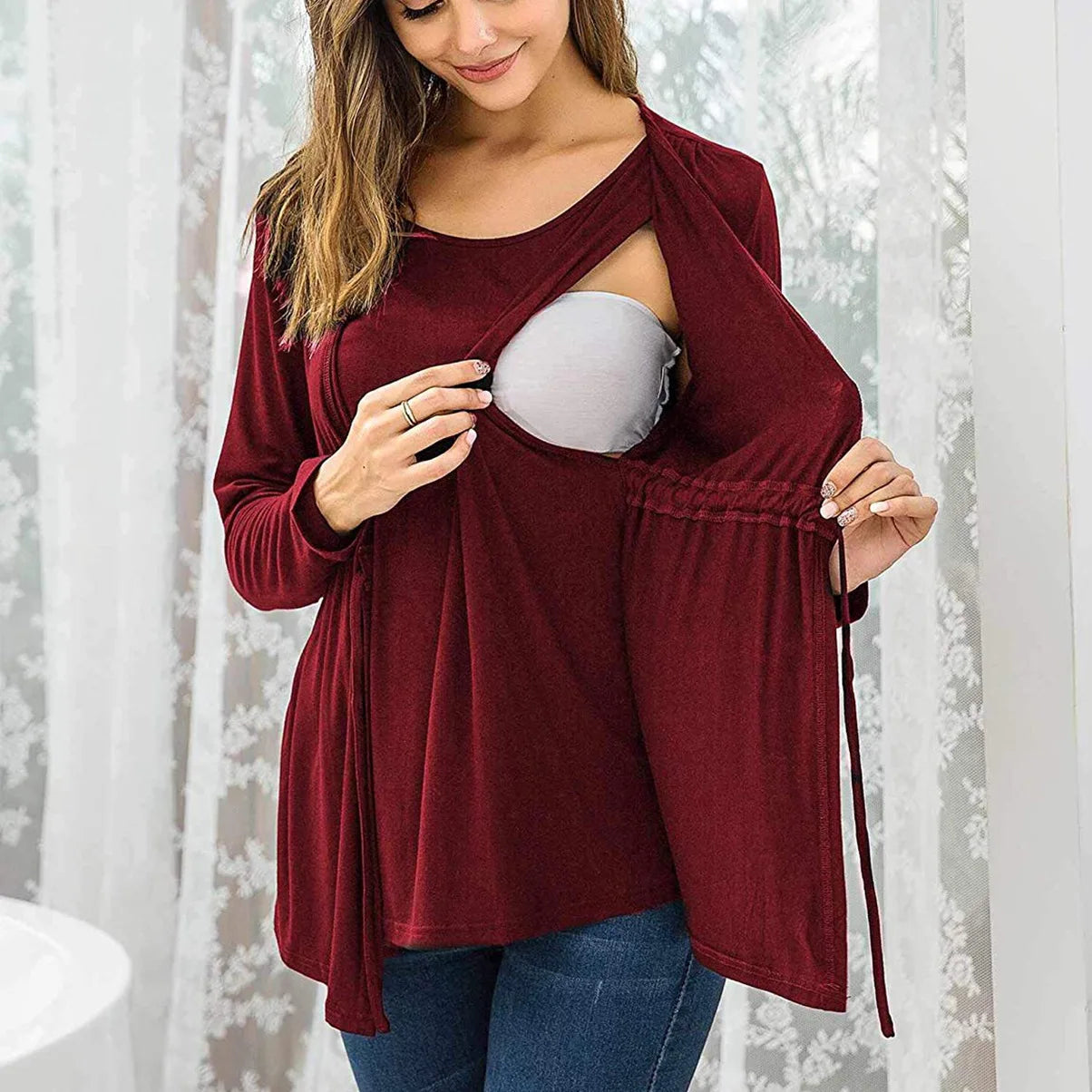 Long Sleeve Layered Nursing Top – Cozy Lace-Up Maternity Sweatshirt