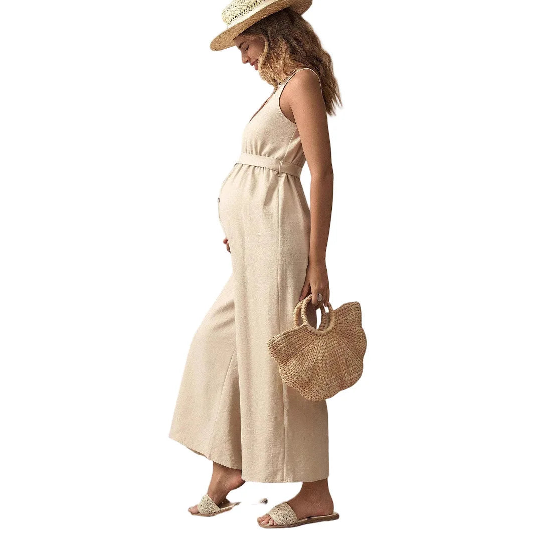 Sleeveless V-Neck Maternity Jumpsuit – Casual Belted Overalls for Pregnancy