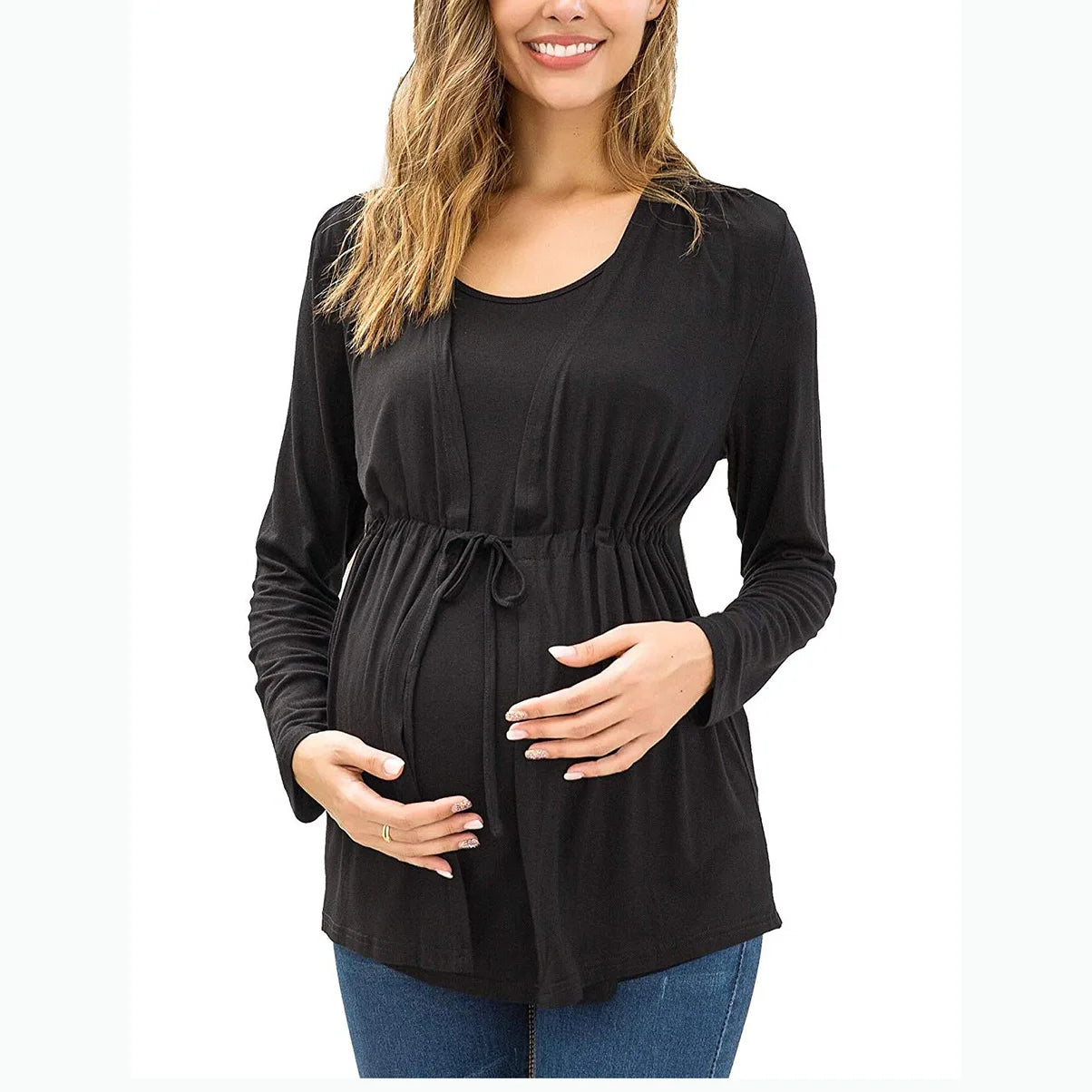 Long Sleeve Layered Nursing Top – Cozy Lace-Up Maternity Sweatshirt