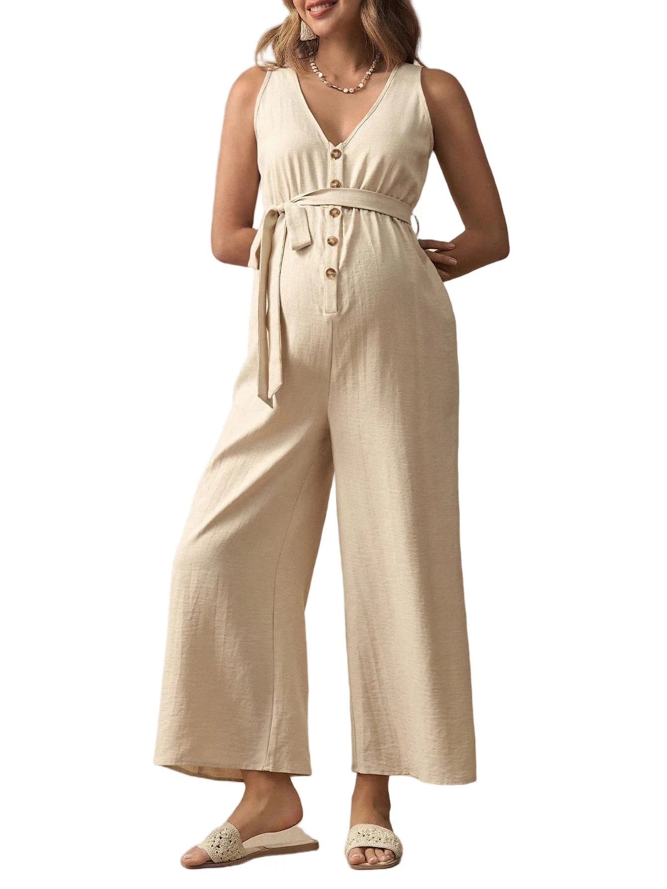 Sleeveless V-Neck Maternity Jumpsuit – Casual Belted Overalls for Pregnancy