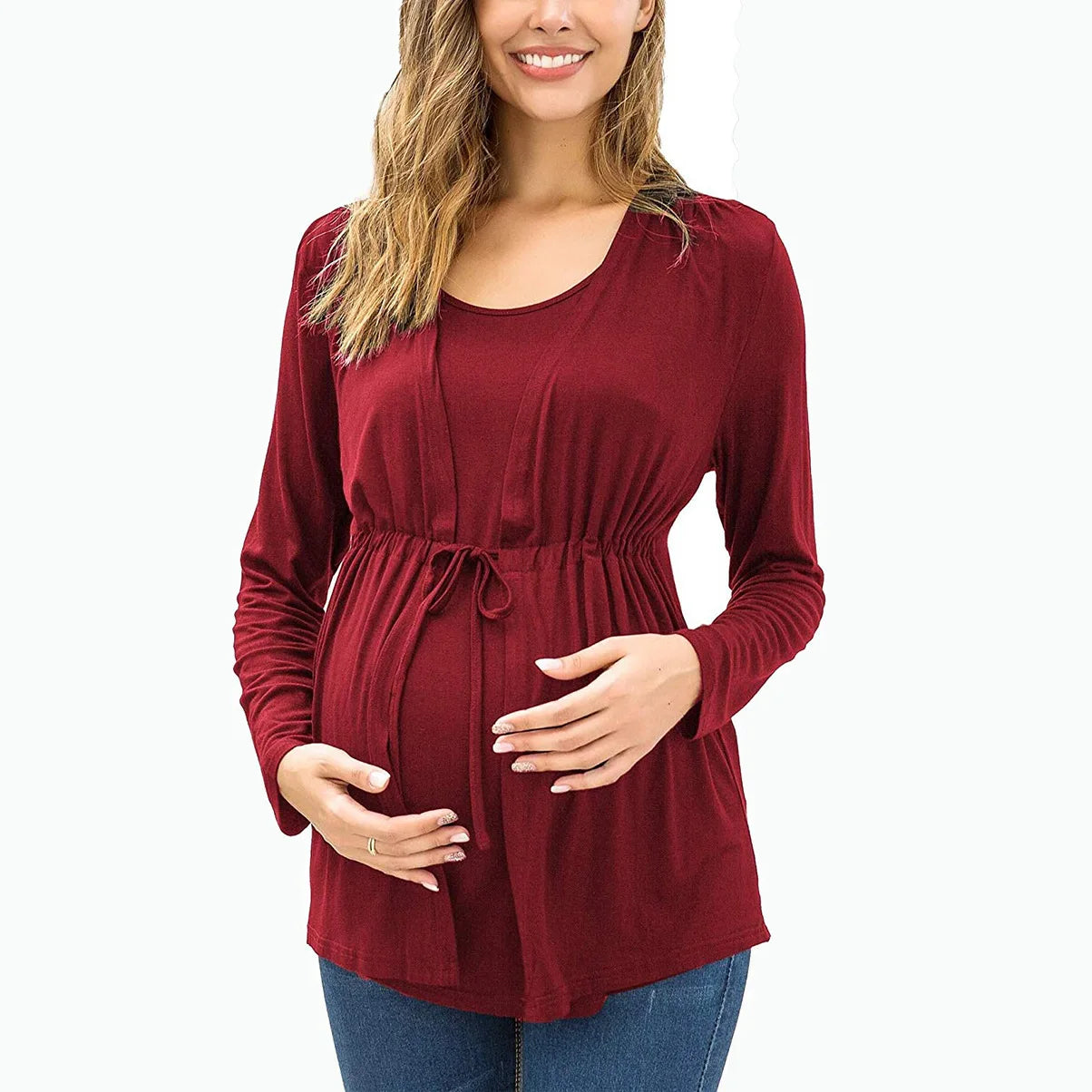 Long Sleeve Layered Nursing Top – Cozy Lace-Up Maternity Sweatshirt