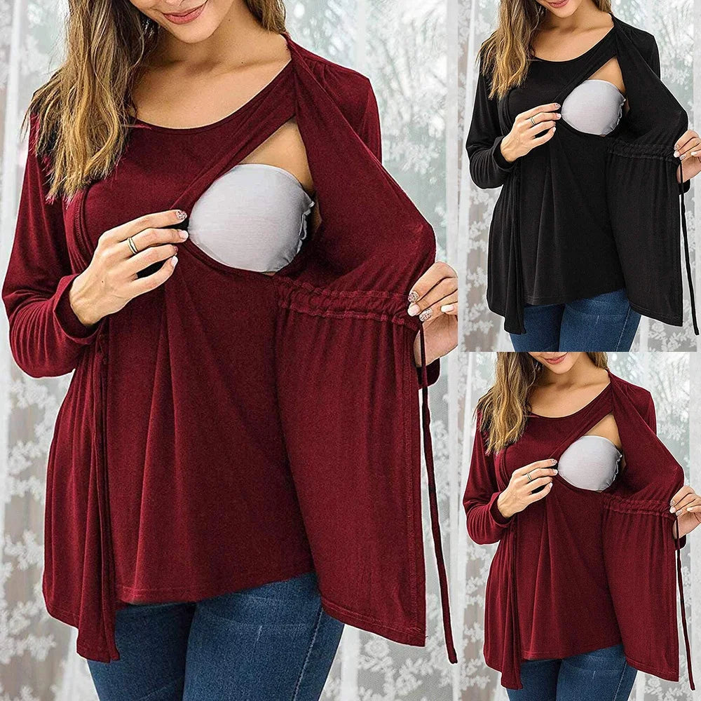 Long Sleeve Layered Nursing Top – Cozy Lace-Up Maternity Sweatshirt