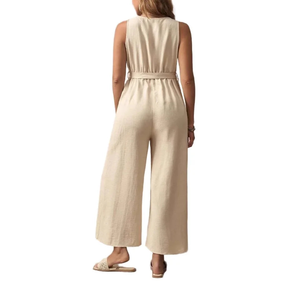 Sleeveless V-Neck Maternity Jumpsuit – Casual Belted Overalls for Pregnancy