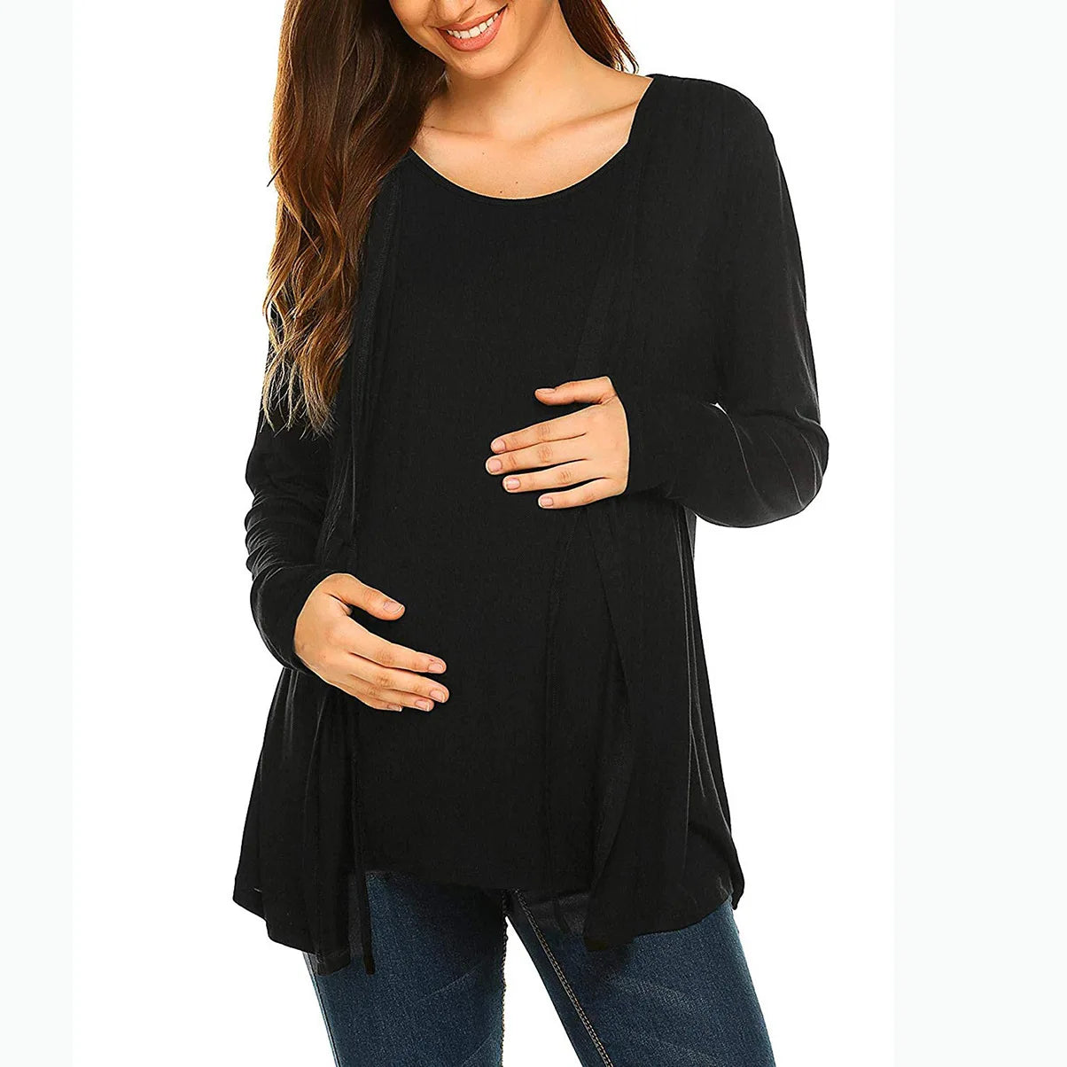 Long Sleeve Layered Nursing Top – Cozy Lace-Up Maternity Sweatshirt